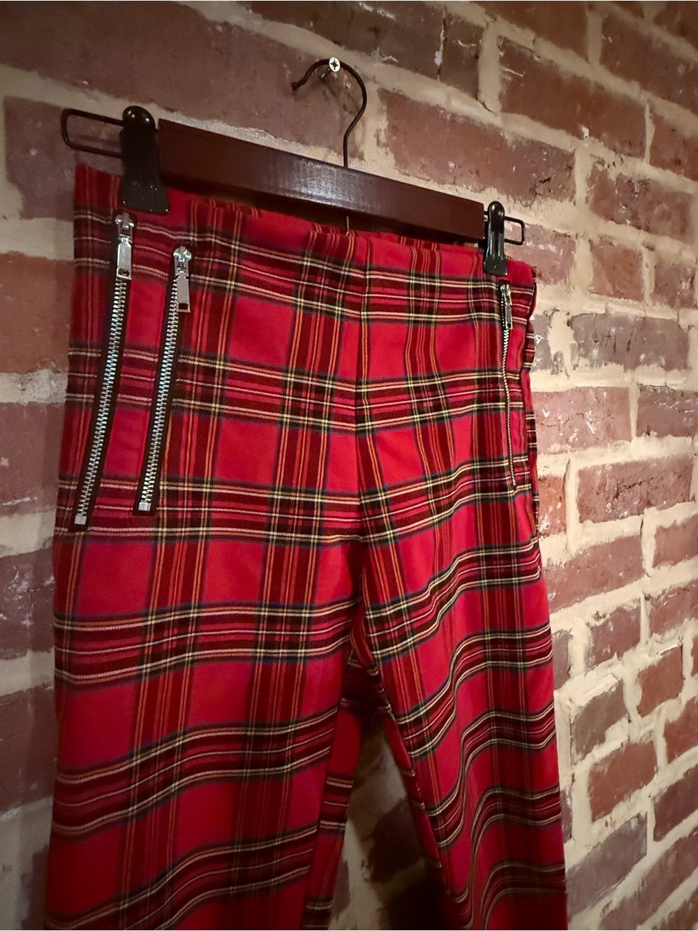 Zara Punk Zipper Pants Red Plaid Stretch Skinny Pants